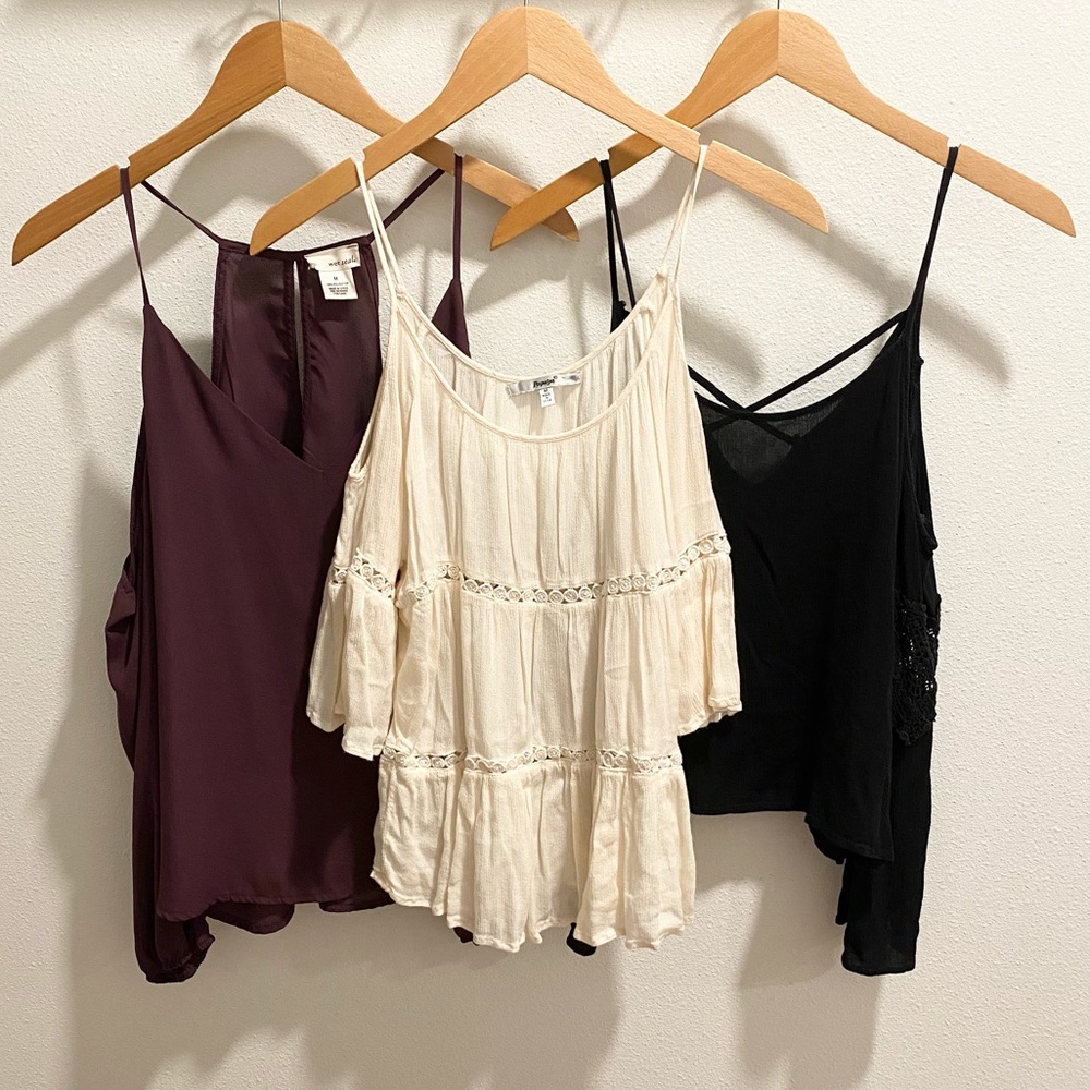 [SOLD] Bundle of 3 Papaya / Wet Seal Spaghetti Strap Off Shoulder Blouses
